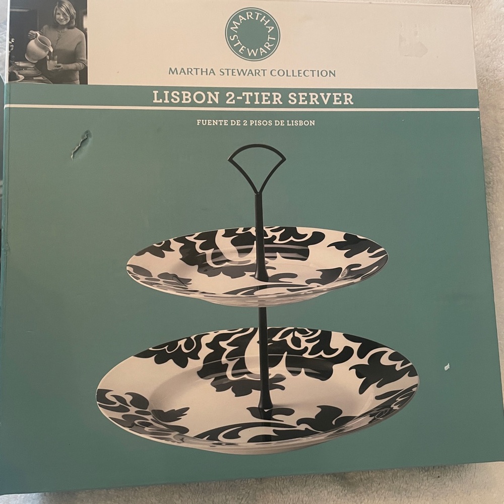 Martha Stewart HTF Lisbon Black Floral 2-Tiered Serving Tray - NIB